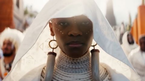 Letitia Wright as Shuri attends a funeral for T'Challa in a scene from 