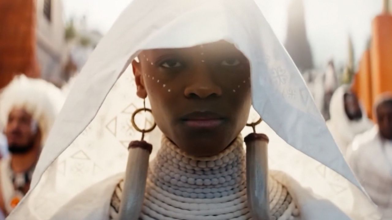 Letitia Wright as Shuri attends a funeral for T'Challa in a scene from "Black Panther: Wakanda Forever."