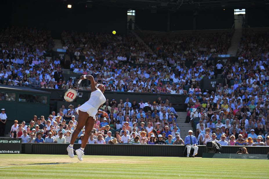Serena plays at Wimbledon in 2008.