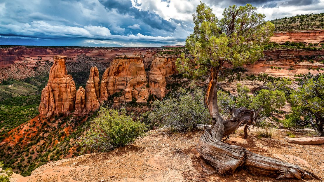 Colorado National Monument features red rock canyons near Grand Junction.