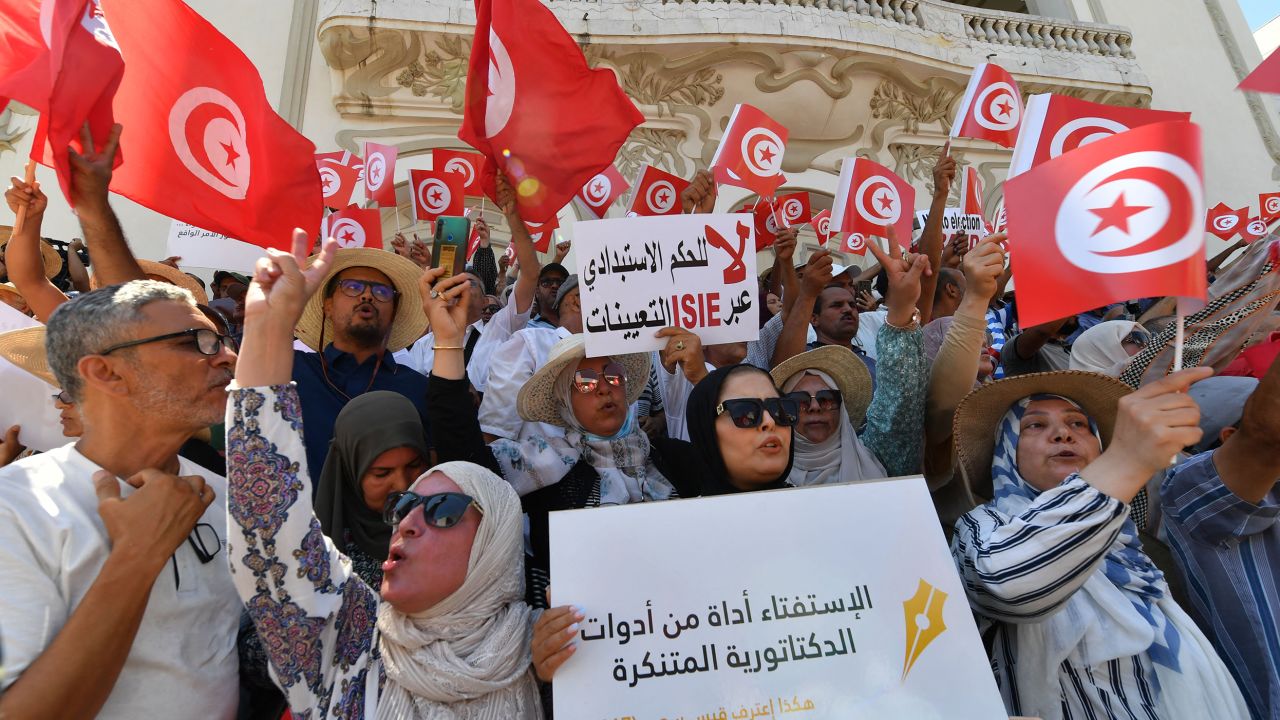 Tunisian protesters raise flags and placards on July 23 during a demonstration in the capital Tunis, against their president and the upcoming July 25 constitutional referendum. 