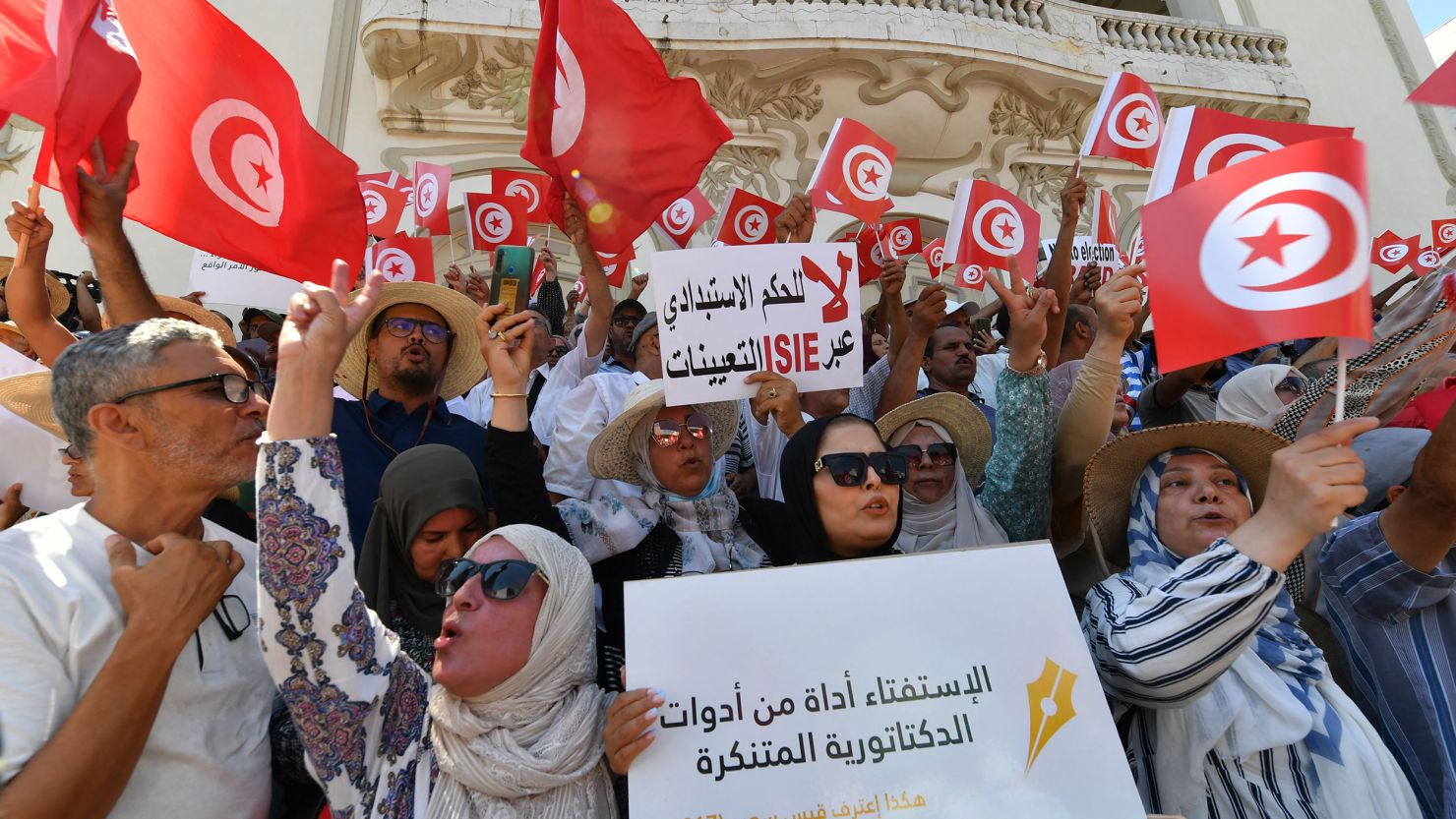 Tunisian protesters raise flags and placards on July 23 during a demonstration in the capital Tunis, against their president and the upcoming July 25 constitutional referendum.?