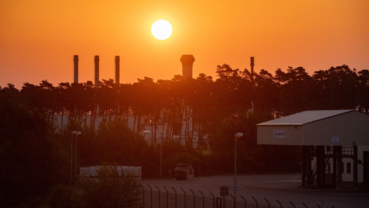 Sunrise over the gas receiving station of the Nord Stream 1 Baltic Sea pipeline in Lubmin, Germany.