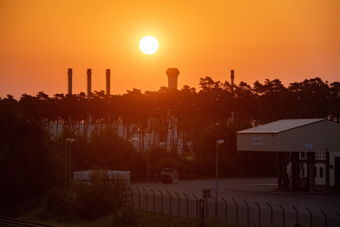 Sunrise over the gas receiving station of the Nord Stream 1 Baltic Sea pipeline in Lubmin, Germany.