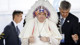 Pope Francis wears a traditional headdress that was gifted to him by indigenous leaders following his apology during his visit on July 25, 2022 in Maskwacis, Canada. The Pope is touring Canada, meeting with Indigenous communities and community leaders in an effort to reconcile the harmful legacy of the church's role in Canada's residential schools.