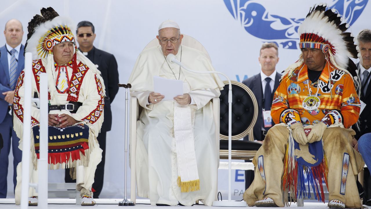 Pope Francis makes remarks as he gives an apology for the treatment of First Nations children in Canada's Residential School system, during his visit on Monday.