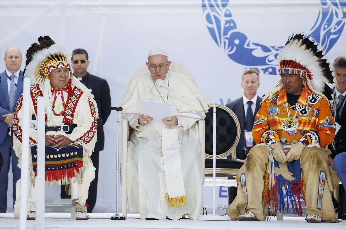 Pope Francis makes remarks as he gives an apology for the treatment of First Nations children in Canada's Residential School system, during his visit on Monday.