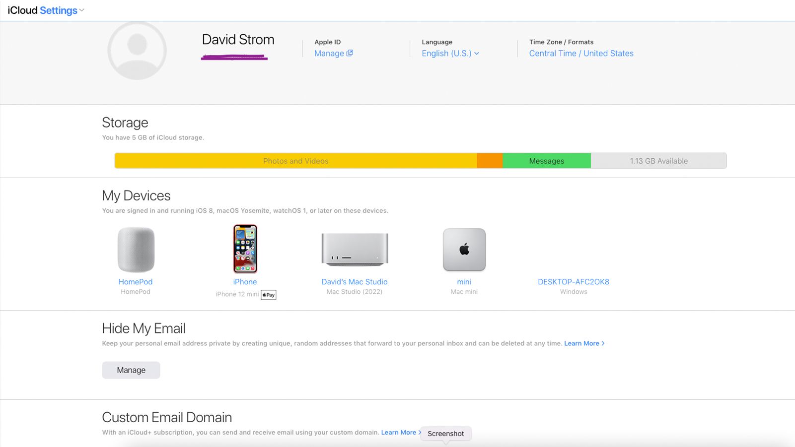 Apple's iCloud web view shows how much storage you have consumed with your various applications, what devices are sharing your storage repository and other paid features such as Hide My Email and custom email domains that you can set up.