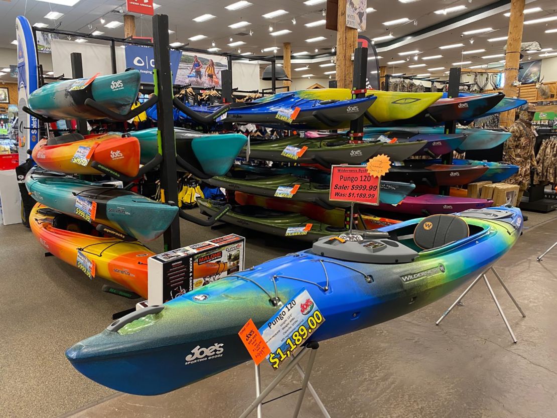 Prices for petroleum-based products, like these kayaks on display at Joe's Sporting Goods in St. Paul, Minnesota, are expected to spike even further due to Russia's invasion of Ukraine.