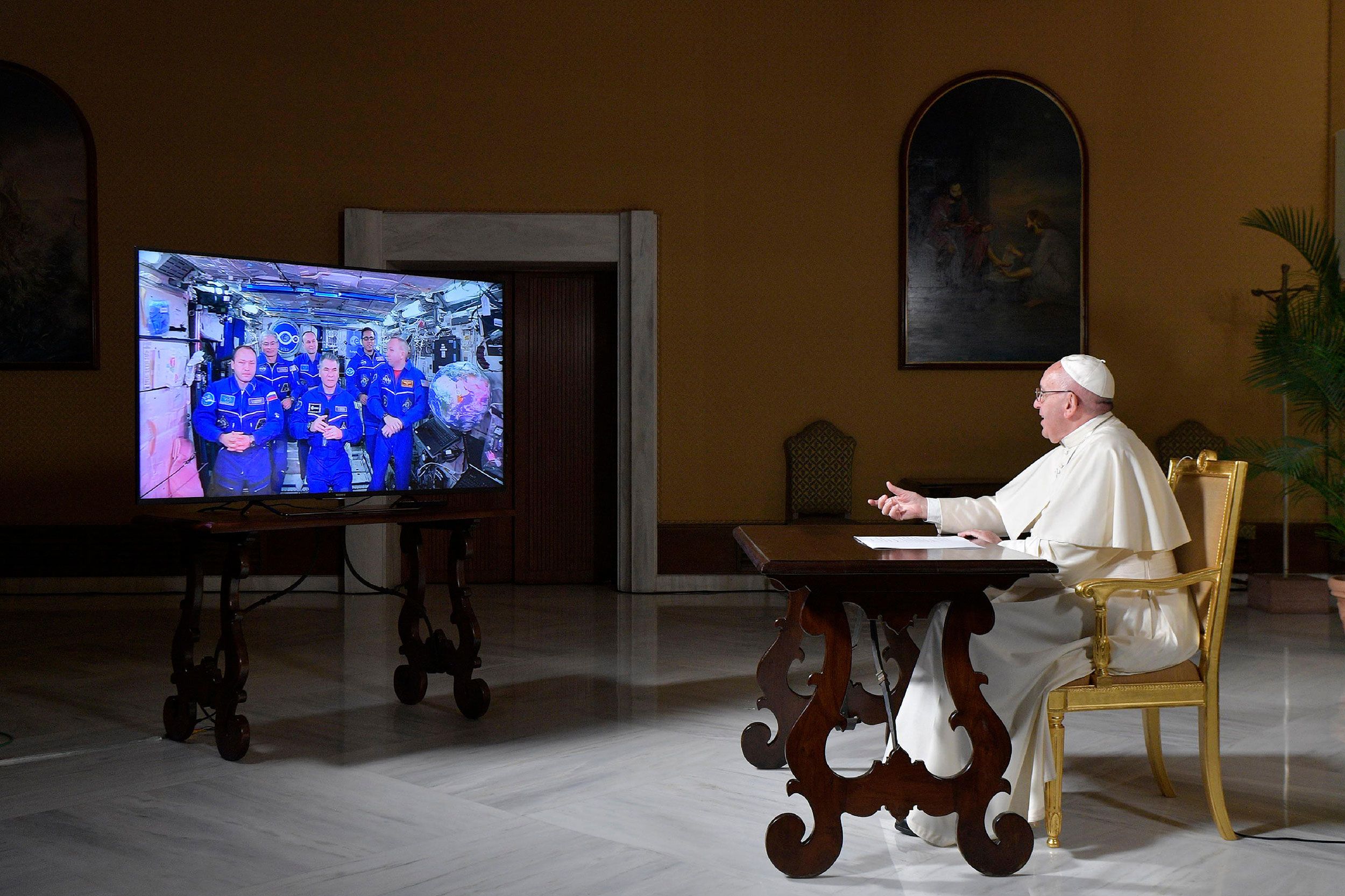 The Pope speaks to the crew aboard the International Space Station in October 2017.