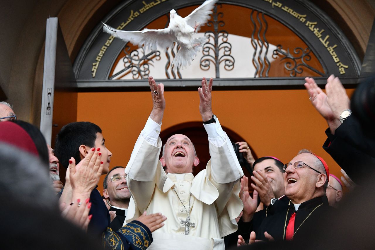 The Pope releases a dove as a symbol of peace while in Tbilisi, Georgia, in September 2016.