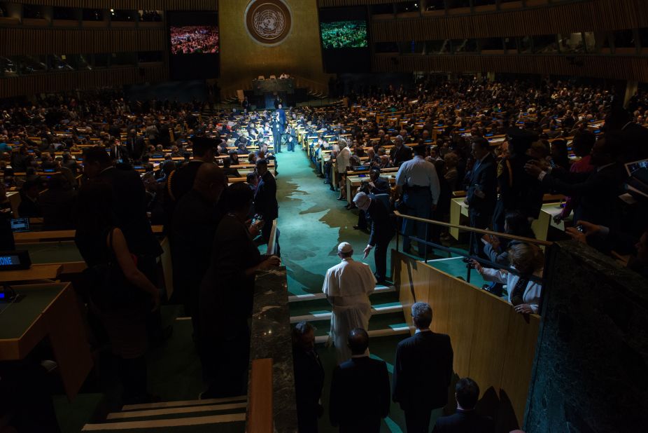 Francis arrives to speak to the UN General Assembly in September 2015.