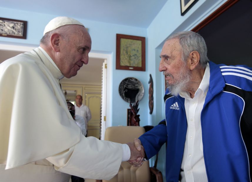 Francis shakes hands with former Cuban leader Fidel Castro in September 2015. During his trip to Cuba, the Pope praised the reconciliations taking place between Cuba and the United States.