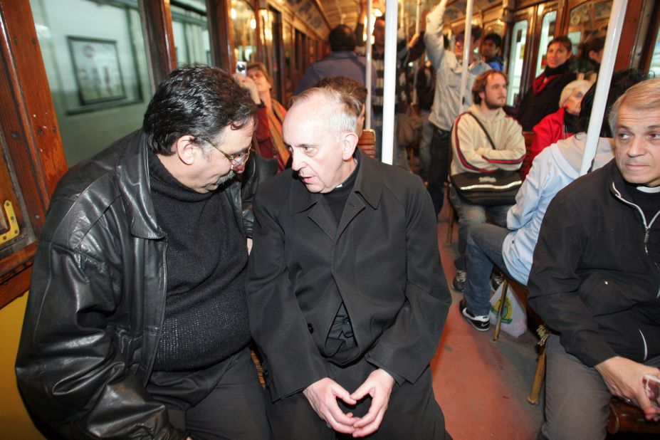 Francis takes public transportation before celebrating Mass in Buenos Aires in 2008. As archbishop of Buenos Aires, Bergoglio took the bus to work and cooked his own meals.