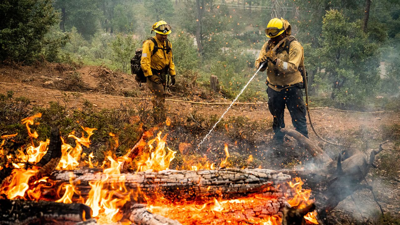 Firefighters mop up hot spots while battling California's Oak Fire.