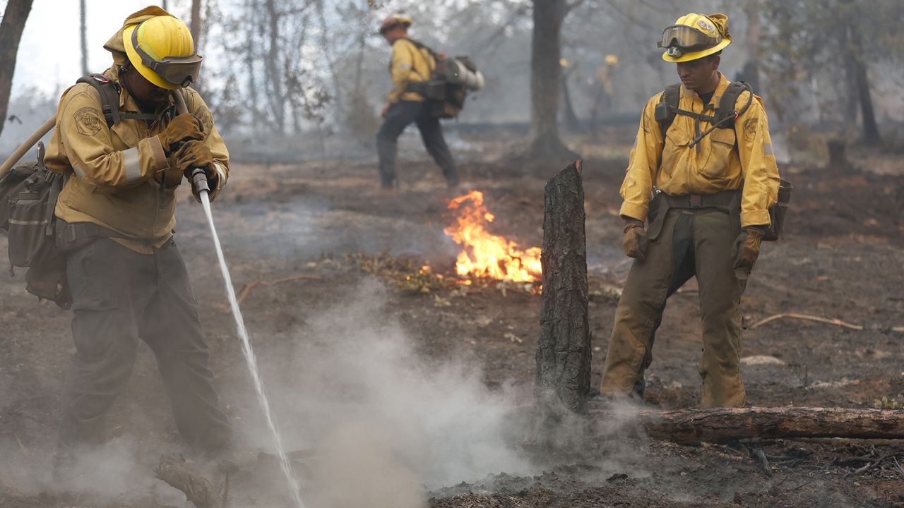 Firefighters work to contain hot spots from the Oak Fire, which began burning Friday.