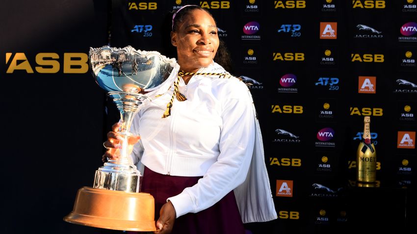 AUCKLAND, NEW ZEALAND - JANUARY 12: Serena Williams of USA celebrates with the trophy after winning the final match against Jessica Pegula of USA at ASB Tennis Centre on January 12, 2020 in Auckland, New Zealand. 