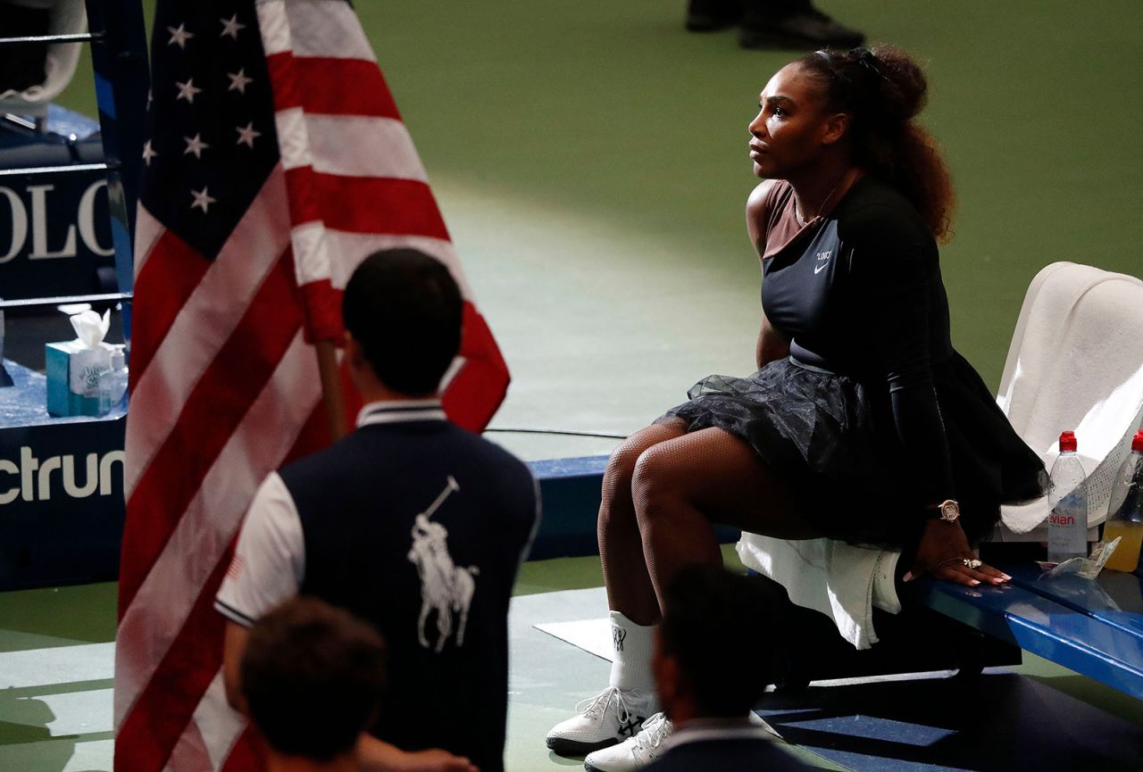 Williams waits for the trophy ceremony after she lost to Naomi Osaka in the US Open final in 2018.