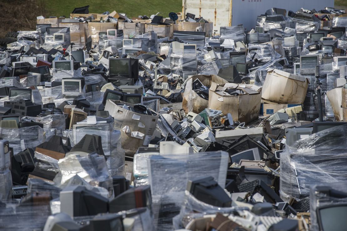 A sea of electronic waste stacked over six feet high cover the landscape at Westmoreland Cleanways and Recycling, in Unity, Pa., on Friday, March 24, 2017. 