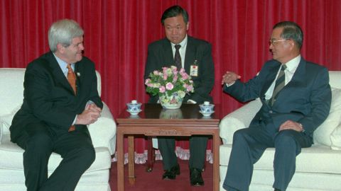 Former US House Speaker Newt Gingrich meets with Taiwanese Vice President and Premier Lien Chan during a brief visit to Taiwan in April, 1997.