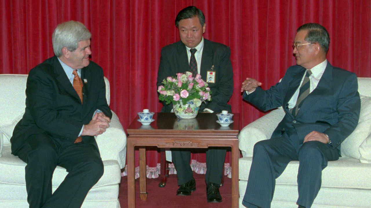 Former US House Speaker Newt Gingrich meets with Taiwanese Vice President and Premier Lien Chan during a brief visit to Taiwan in April, 1997.