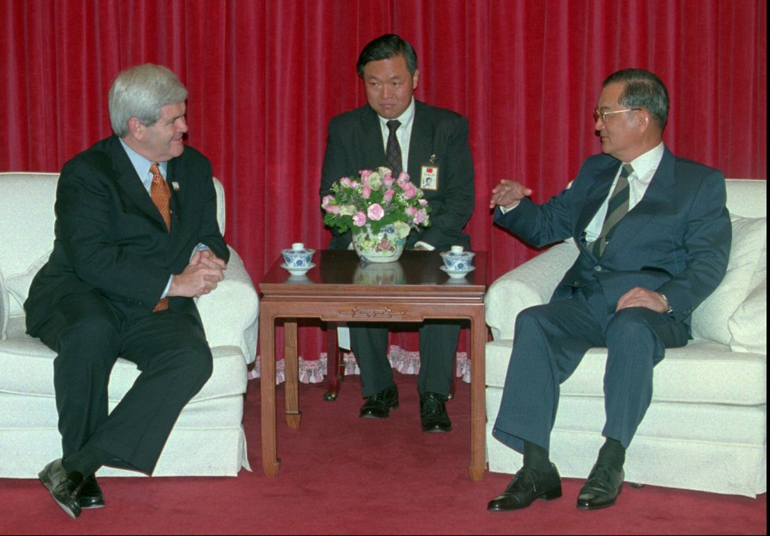 Former US House Speaker Newt Gingrich meets with Taiwanese Vice President and Premier Lien Chan during a brief visit to Taiwan in April, 1997.