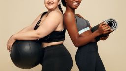 Diverse. Women With Different Body Types Portrait. Diversity Slim And Plus Size Models In Black Sportswear Holding Fitness Ball And Mat. Sport As Lifestyle.