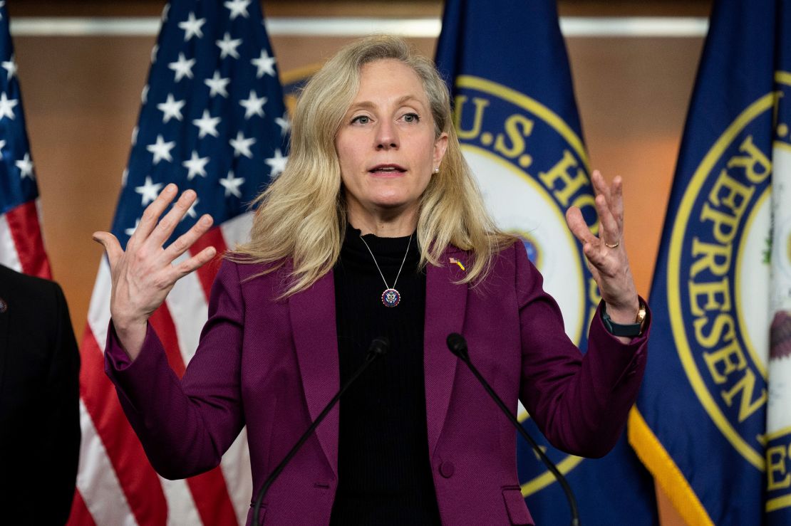 Rep. Abigail Spanberger (D-VA) speaking at a press conference about stock trading by members of Congress. 