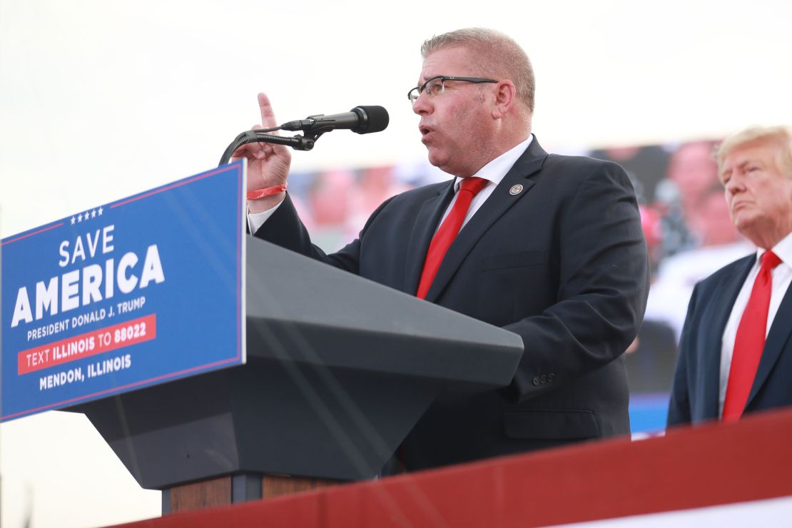 Illinois Gubernatorial hopeful Darren Bailey delivers remarks after receiving an endorsement from Donald Trump during a Save America Rally on June 25, 2022 in Mendon, Illinois. 