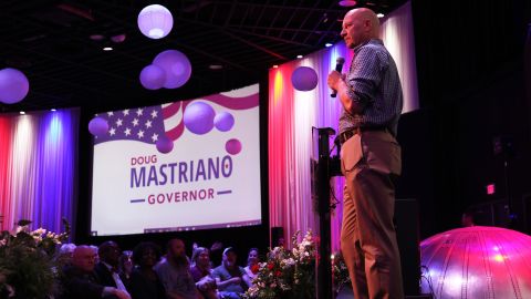 Pennsylvania Republican gubernatorial candidate Doug Mastriano speaks during a campaign rally  on May 14, 2022 in Warminster, Pennsylvania.