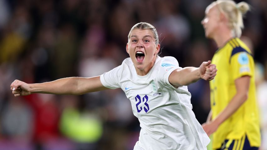 SHEFFIELD, ENGLAND - JULY 26: Alessia Russo of England celebrates scoring their side's third goal during the UEFA Women's Euro 2022 Semi Final match between England and Sweden at Bramall Lane on July 26, 2022 in Sheffield, England. (Photo by Naomi Baker/Getty Images)