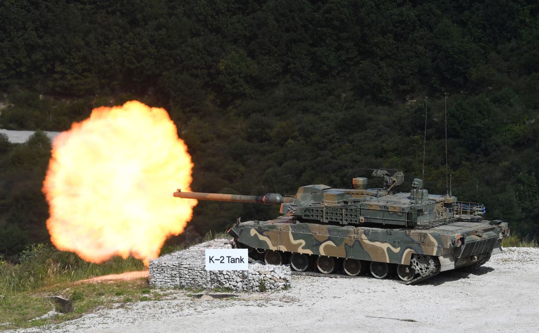 A South Korean K2 tank takes part in a live-fire demonstration in 2018.