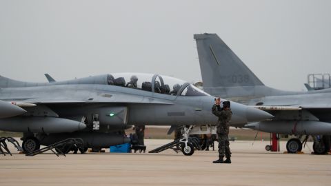 An FA-50 Golden Eagle fighter jet of the South Korean Air Force at a US air base in South Korea in 2017.