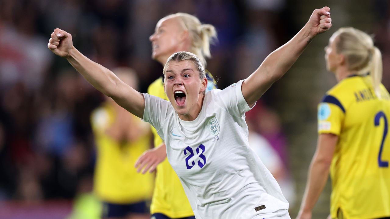 Alessia Russo celebrates scoring against Sweden.