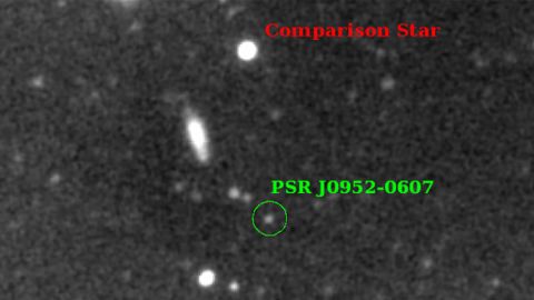 Astronomers observed a faint star (green circle) that has been stripped of nearly its entire mass by an invisible neutron star. The stripped star is much fainter and smaller compared with a regular star (top).