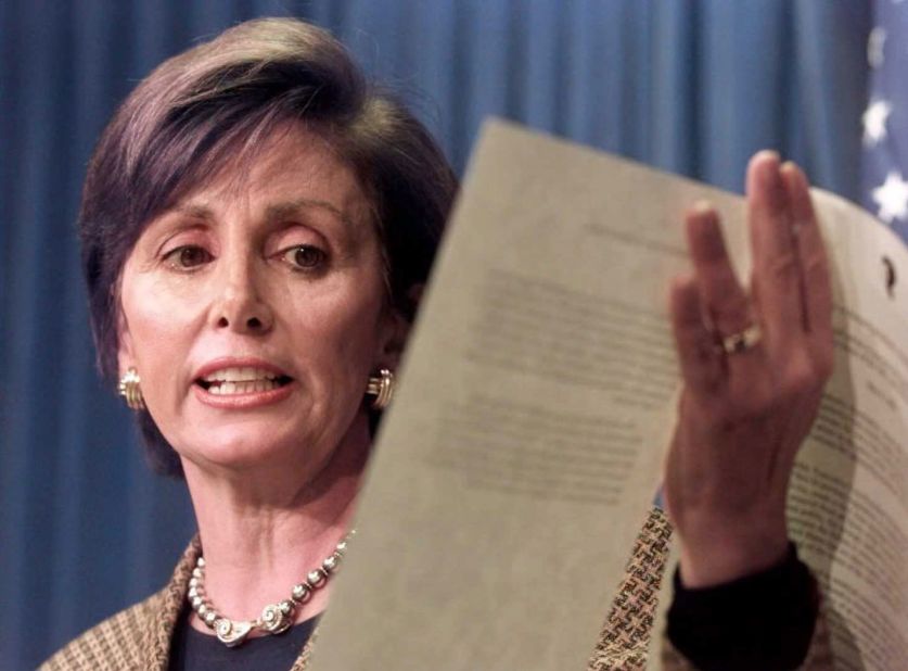 Pelosi, during a Capitol Hill news conference in May 1996, describes sections of a bill that would sanction China for violating US copyrights. Pelosi wanted President Bill Clinton to pressure China to live up to its agreement to protect US software.
