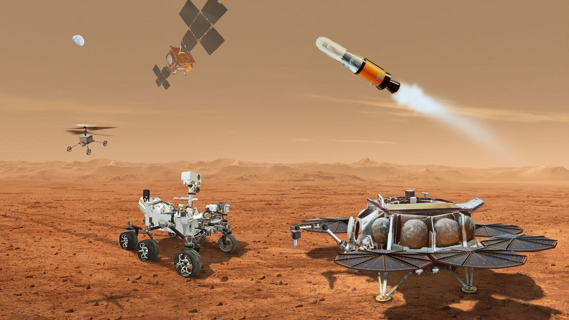 Esta ilustración del concepto original de Mars Sample Return muestra múltiples robots que formarían un equipo para transportar muestras a la Tierra desde el planeta rojo.