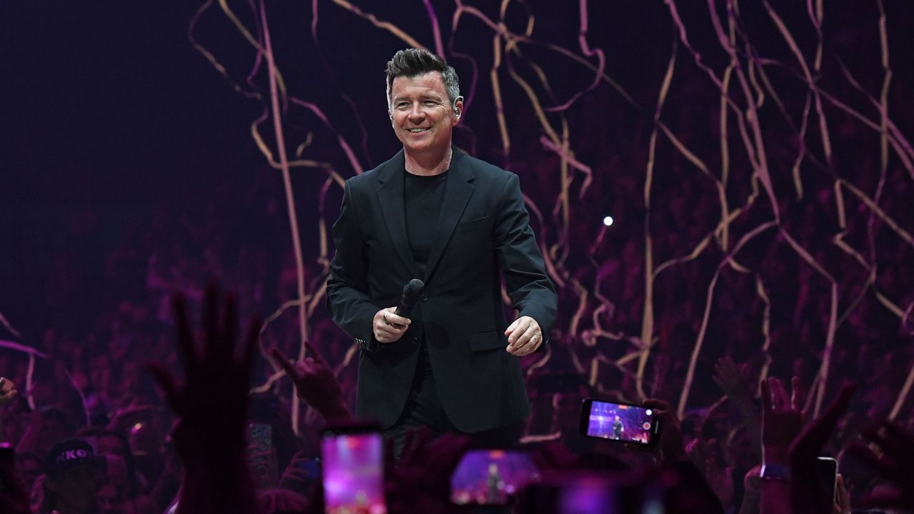 Rick Astley performs during the Mix Tape Tour at The FLA Live Arena, Sunrise, Florida, on July 9, 2022.