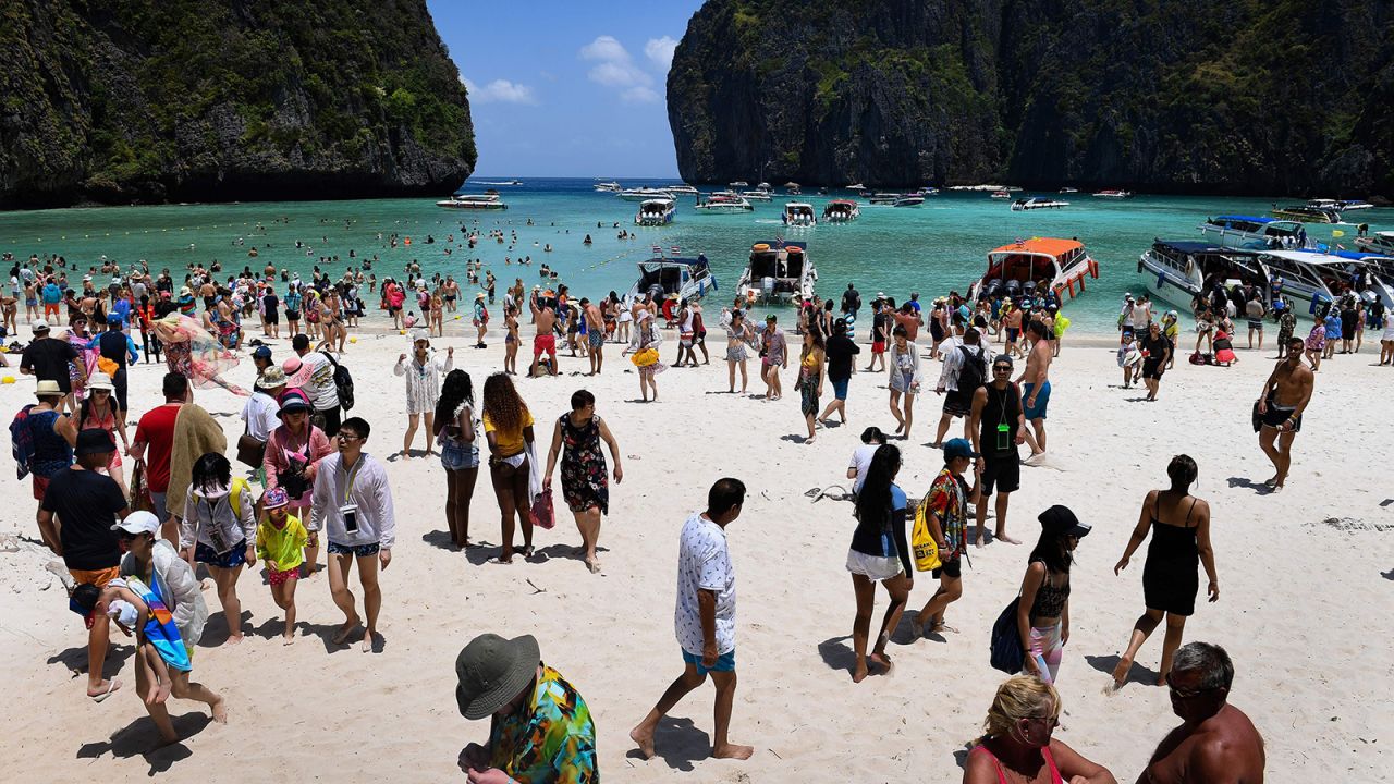 <strong>Maya Bay in 2018: </strong>The bay's coral reef was decimated by years of boats coming in and anchoring. Immediately following the closure, marine scientists began replanting coral and the government improved the area's infrastructure.  
