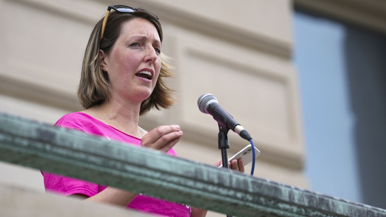 Dr. Caitlin Bernard speaks during an abortion rights rally on June 25, 2022, in Indianapolis. 