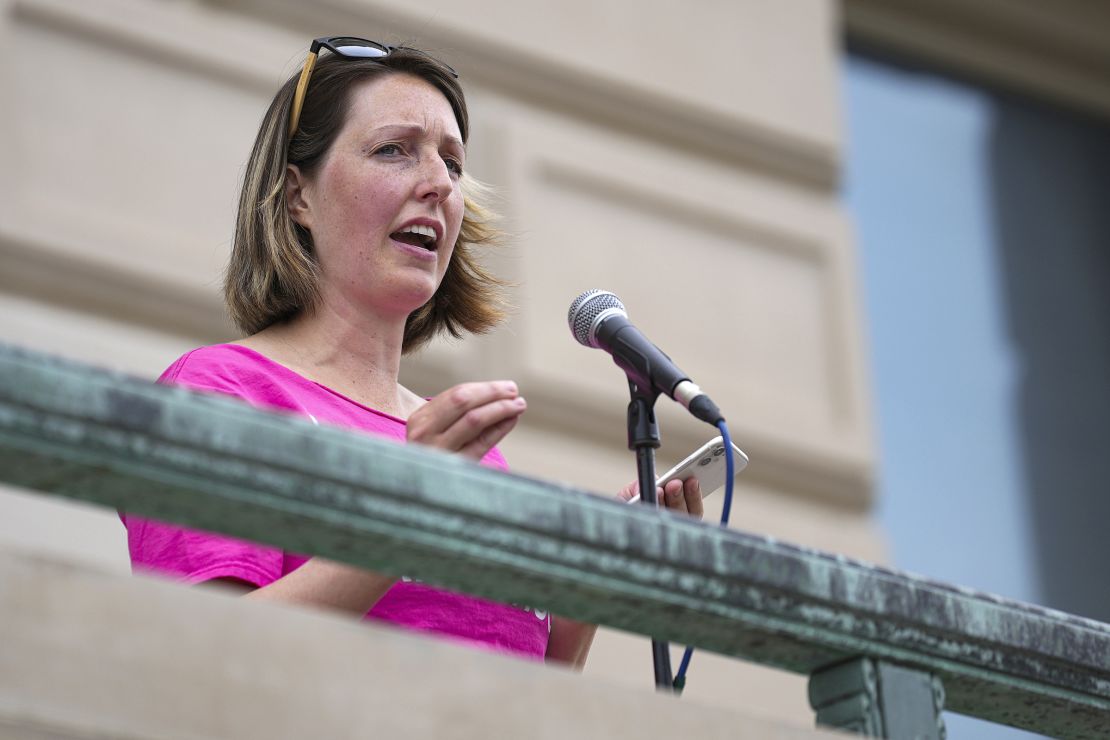 Dr. Caitlin Bernard speaks during an abortion rights rally on June 25, 2022, in Indianapolis. 