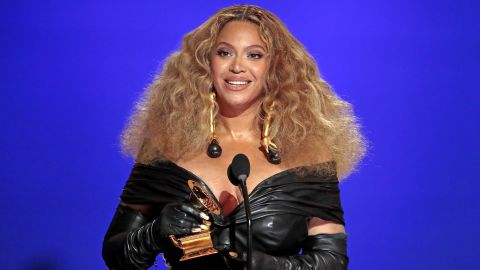 Beyoncé accepts the best R&B performance award during the 63rd Annual Grammy Awards outside Staples Center on March 14, 2021, in California.