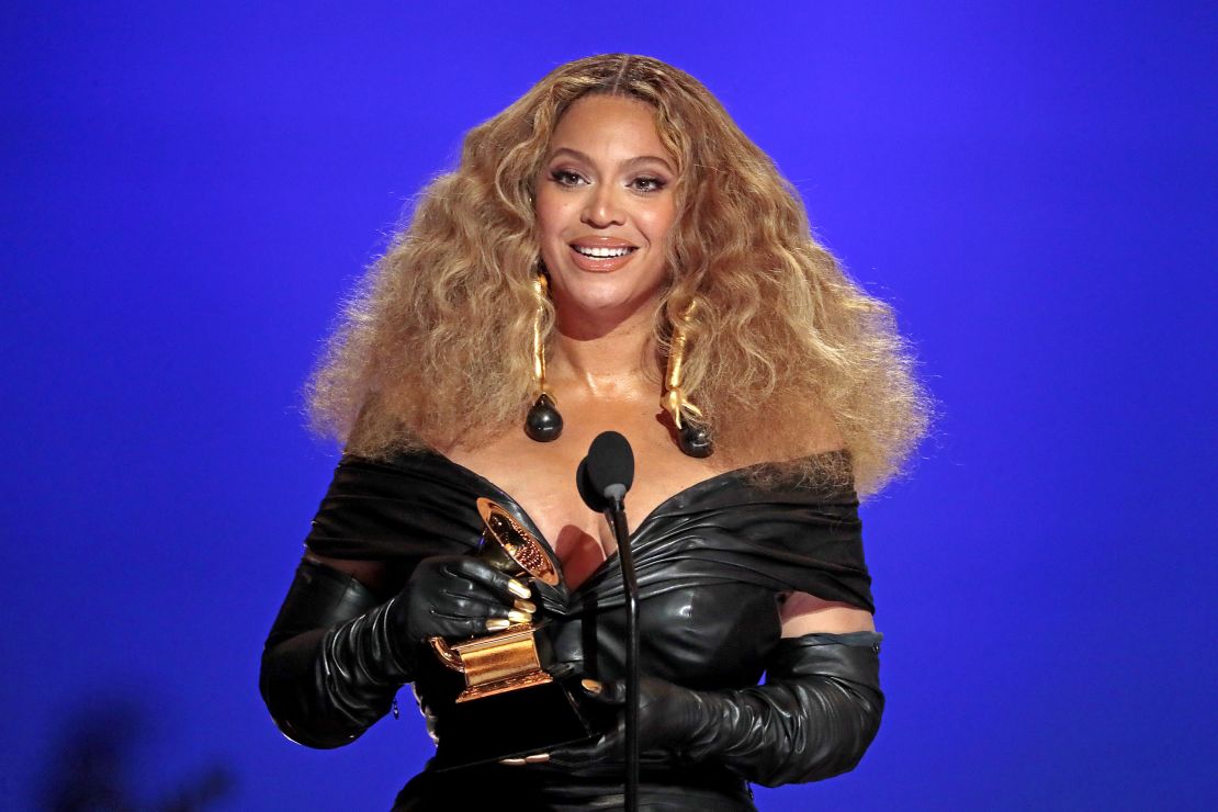 Beyoncé accepts the best R&B performance award during the 63rd Annual Grammy Awards outside Staples Center on March 14, 2021, in California.