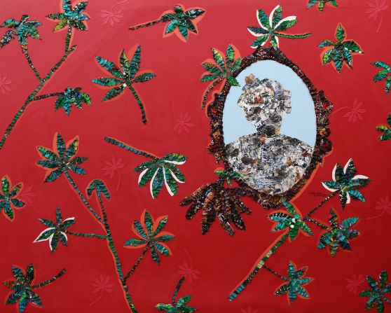 Aspects of her great-grandmother's life have been incorporated into Akpojotor's work, such as the red-brown color of the earth found in the region she came from. <em>Blooming Red Soil, Fabric, Paper &  Acrylic on canvas, 2020.</em>