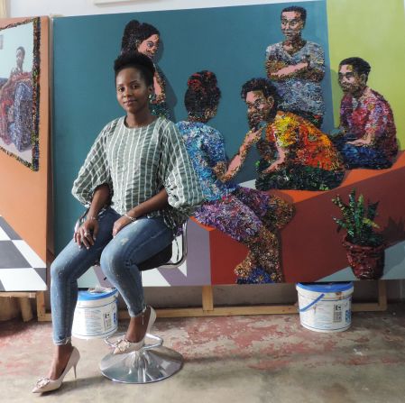 Nigerian artist Marcellina Akpojotor has gained international recognition for her portraits, which explore themes of family, femininity, and female empowerment in contemporary African society. She uses multiple layers and materials to add texture to her works.