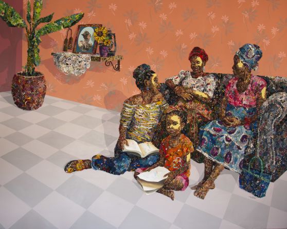 Her latest exhibition, "Ode to Beautiful Memories," tells a deeper story of her family through the years. "Songs of Home" shows her female family members across five generations. <em>Songs of Home, Fabric, Paper & Acrylic on Canvas, 2021.</em>