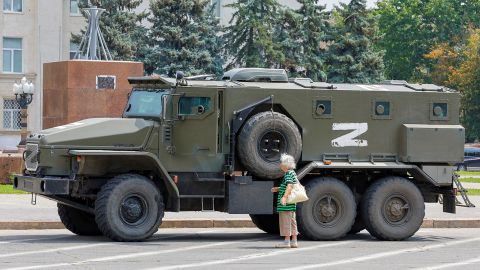 An armoured truck emblazoned with a pro-Russian "Z" symbol parked near Ukraine's former regional council building in Kherson on July 25.