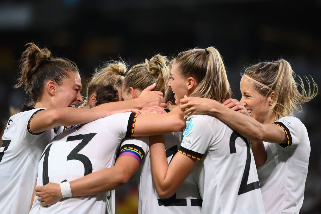 Germany's players celebrate Popp's opening goal of the match. 