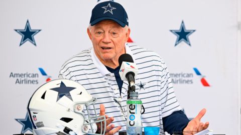 Dallas Cowboys owner Jerry Jones takes questions from the media at the start of the team's training camp.