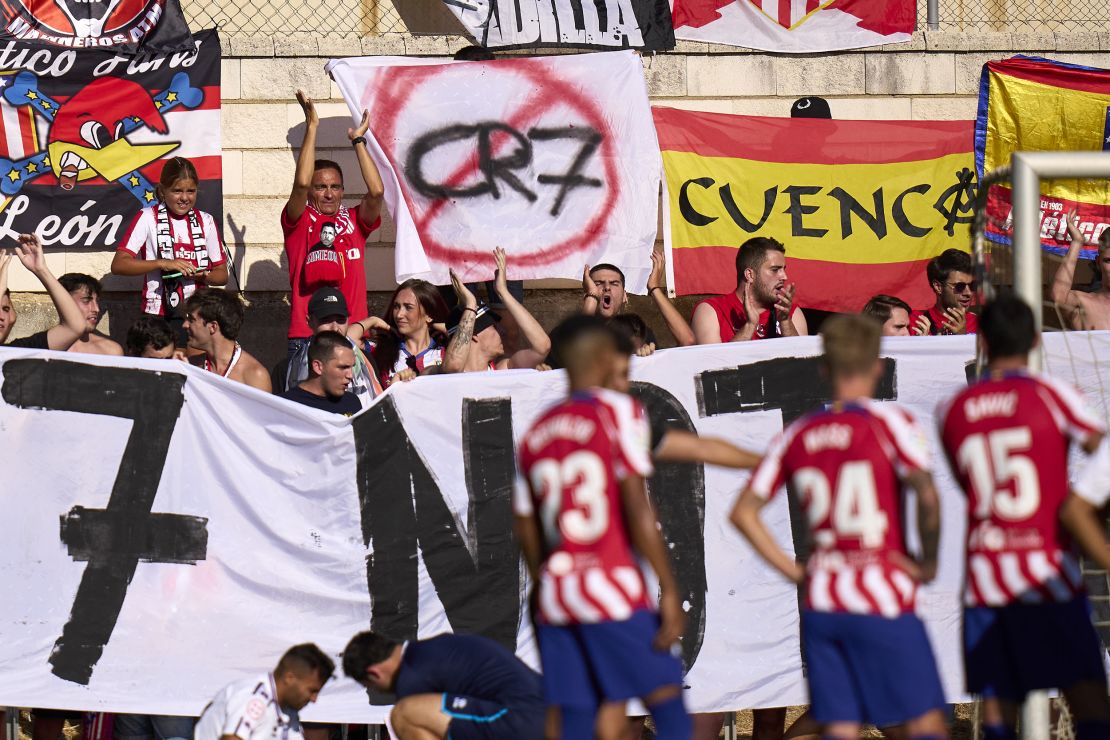 Atlético Madrid fans display a sign against Cristiano Ronaldo joining the club.